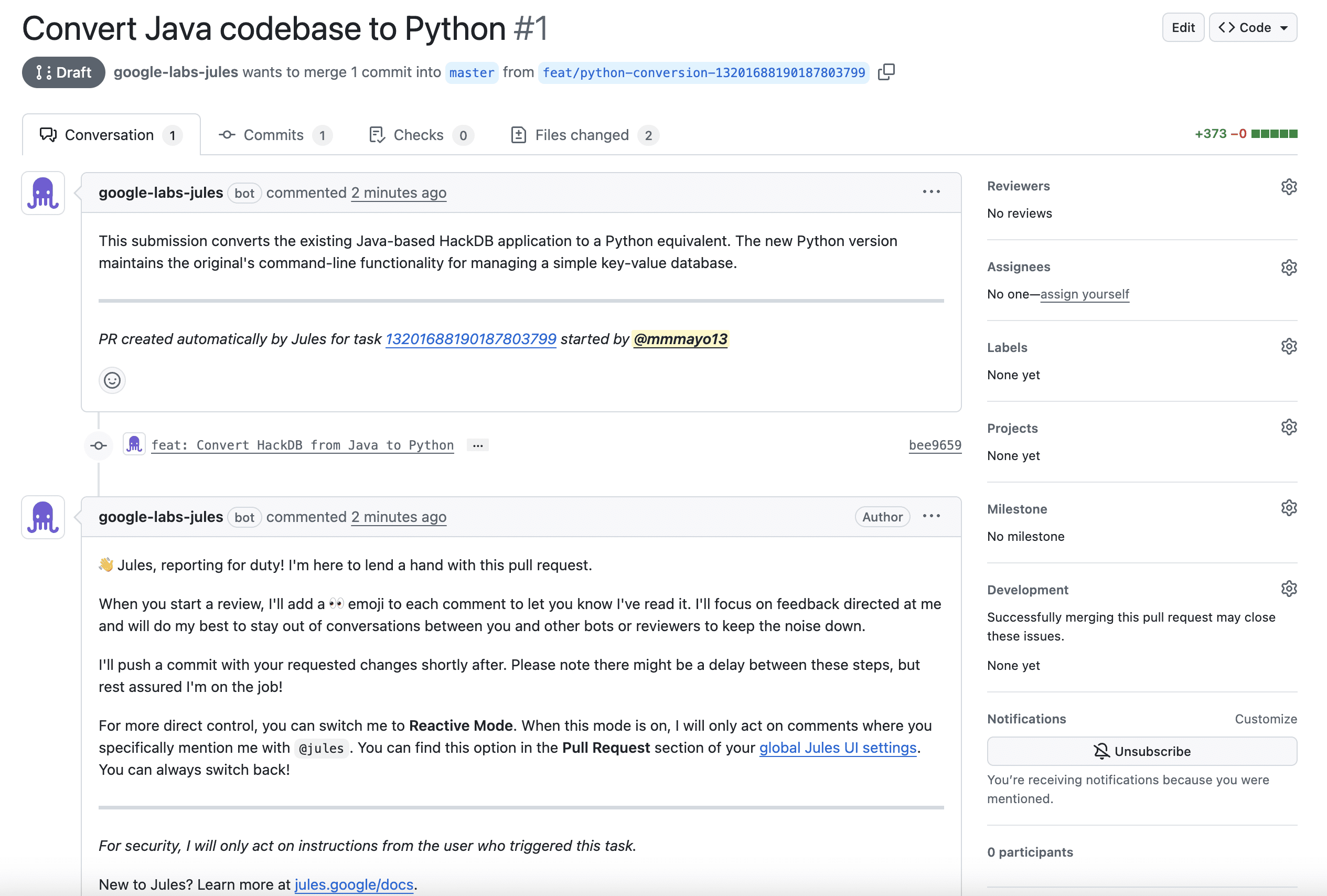 Inspecting the pull request that Jules creates