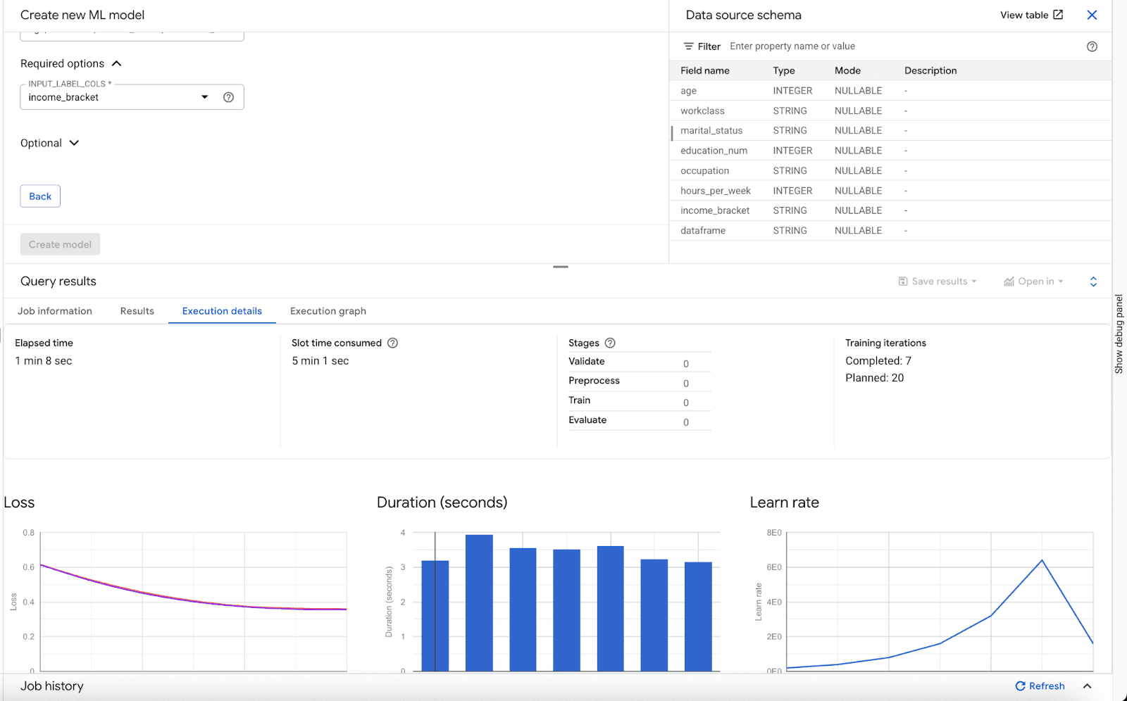 Creating the ML Model in BigQuery UI